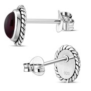 Medium Oval Garnet Stud Silver Earrings, e335